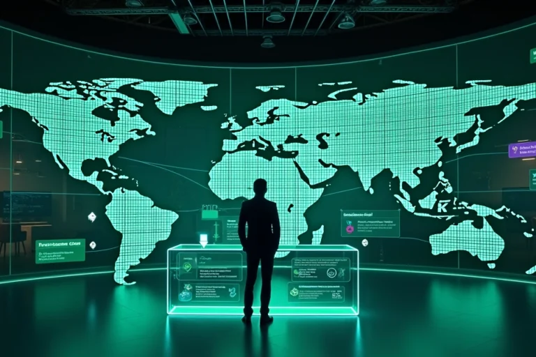 Executiva analisa mapa global com fluxos de mensagens omnichannel conectando clientes e WhatsApp