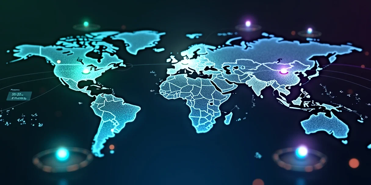 Mapa-múndi digital mostrando fluxos de mensagens omnichannel conectando clientes e empresas