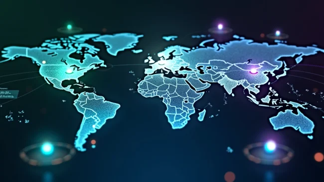 Mapa-múndi digital mostrando fluxos de mensagens omnichannel conectando clientes e empresas
