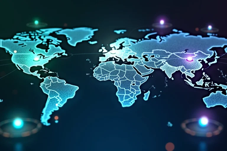 Mapa-múndi digital mostrando fluxos de mensagens omnichannel conectando clientes e empresas