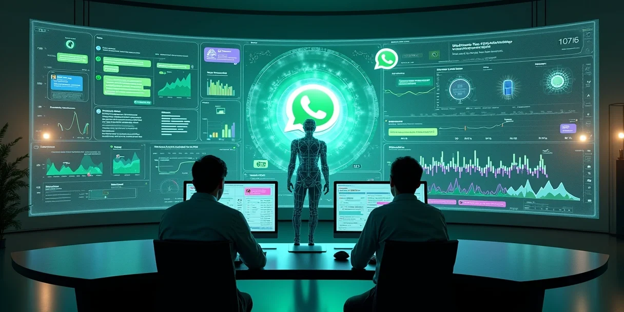 Assistente IA gigante projetando painel de atendimento omnichannel 2026