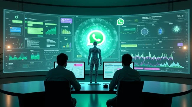 Assistente IA gigante projetando painel de atendimento omnichannel 2026