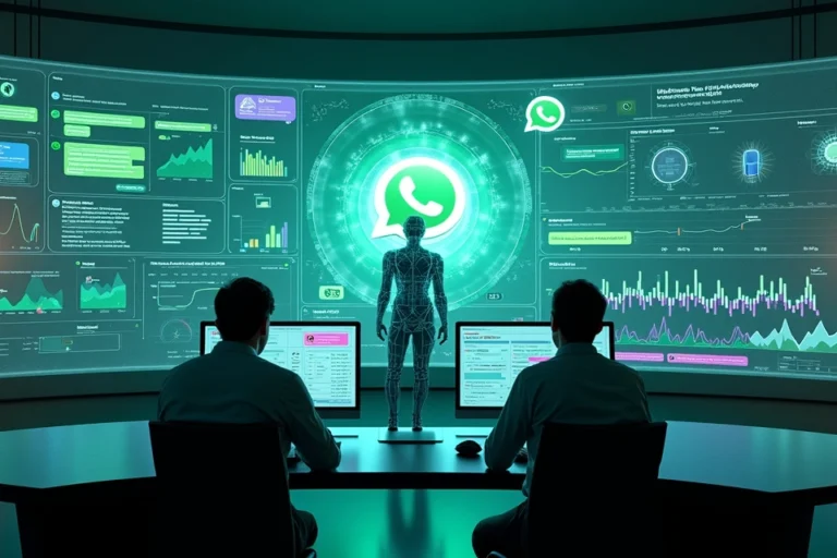 Assistente IA gigante projetando painel de atendimento omnichannel 2026