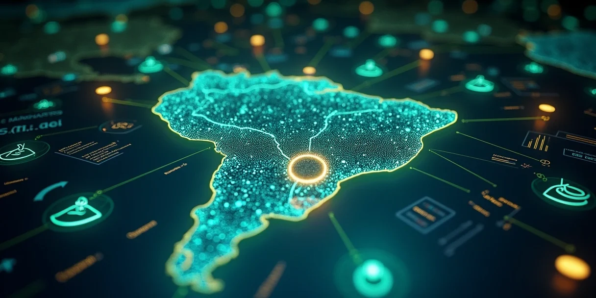 Mapa do Brasil iluminado com ícones de atendimento omnichannel e dados digitais