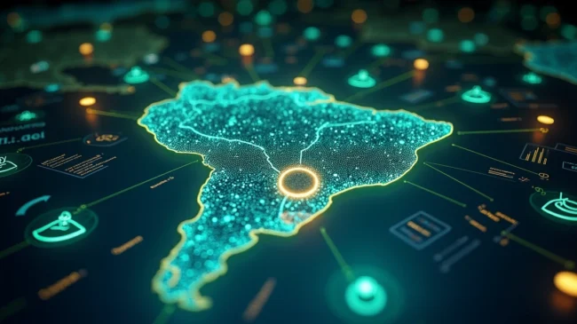 Mapa do Brasil iluminado com ícones de atendimento omnichannel e dados digitais