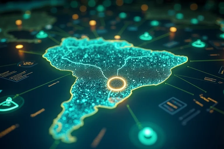 Mapa do Brasil iluminado com ícones de atendimento omnichannel e dados digitais