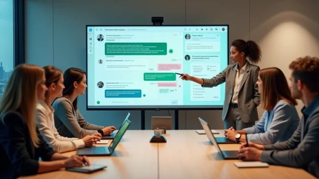Equipe em treinamento de atendimento digital reunida em frente a telão com chats na tela