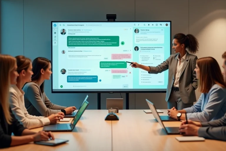 Equipe em treinamento de atendimento digital reunida em frente a telão com chats na tela