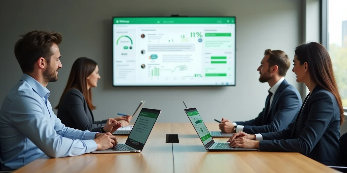 Reunião B2B com tela exibindo conversa de WhatsApp e indicadores de satisfação