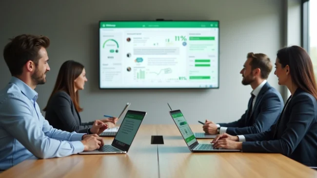 Reunião B2B com tela exibindo conversa de WhatsApp e indicadores de satisfação