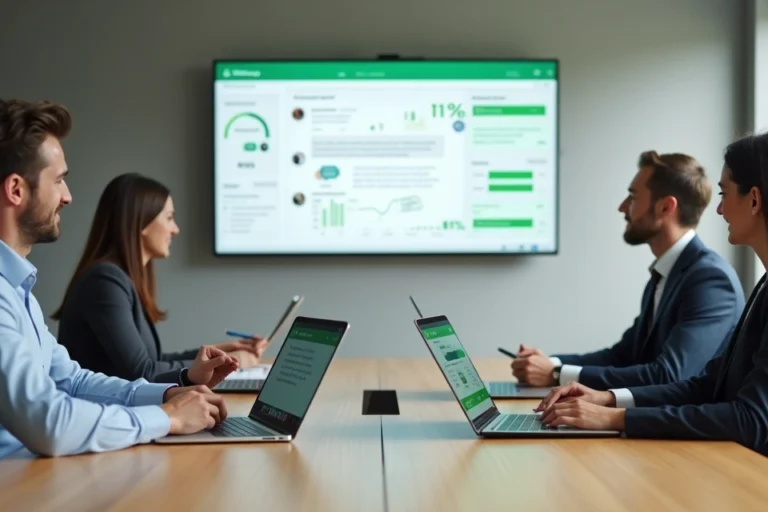Reunião B2B com tela exibindo conversa de WhatsApp e indicadores de satisfação