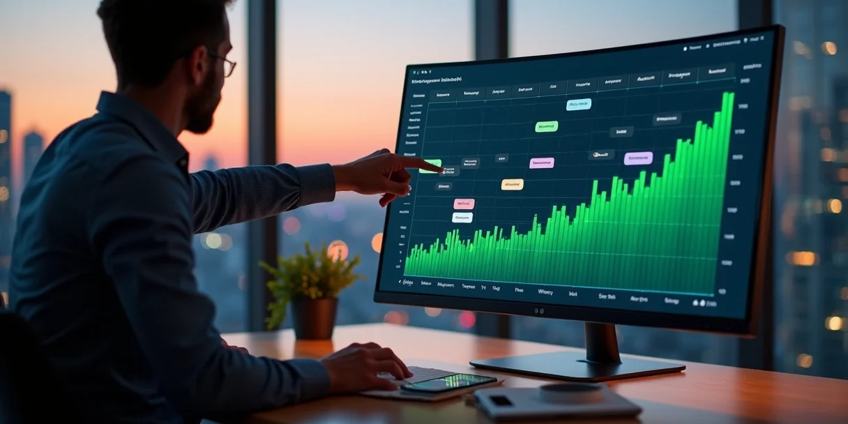 Gestor observando calendário digital com mensagens agendadas e gráfico de vendas em recuperação