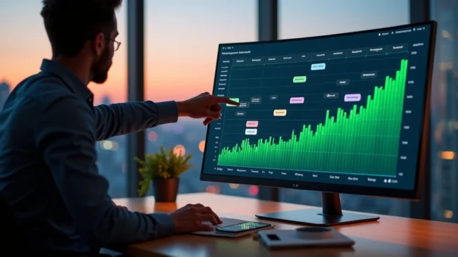 Gestor observando calendário digital com mensagens agendadas e gráfico de vendas em recuperação