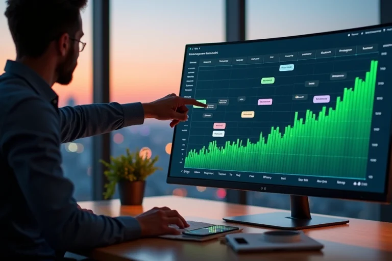 Gestor observando calendário digital com mensagens agendadas e gráfico de vendas em recuperação