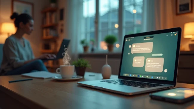 Chatbot gentil conversando com cliente em ambiente aconchegante de atendimento digital