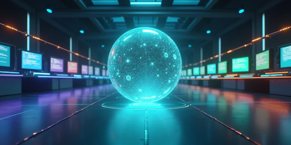 distribuicao-automatica-atendimentos-central-803.webp Esfera luminosa distribuindo ícones de mensagens para várias estações de atendimento digitais