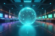 Esfera luminosa distribuindo ícones de mensagens para várias estações de atendimento digitais