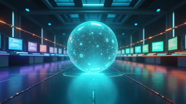 Esfera luminosa distribuindo ícones de mensagens para várias estações de atendimento digitais