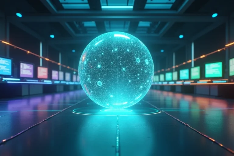 Esfera luminosa distribuindo ícones de mensagens para várias estações de atendimento digitais
