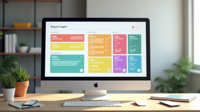 Quadro digital com etiquetas coloridas organizando atendimentos em tela de computador