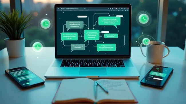 Painel de automação mostrando fluxo de tarefas do WhatsApp sendo executadas sozinhas