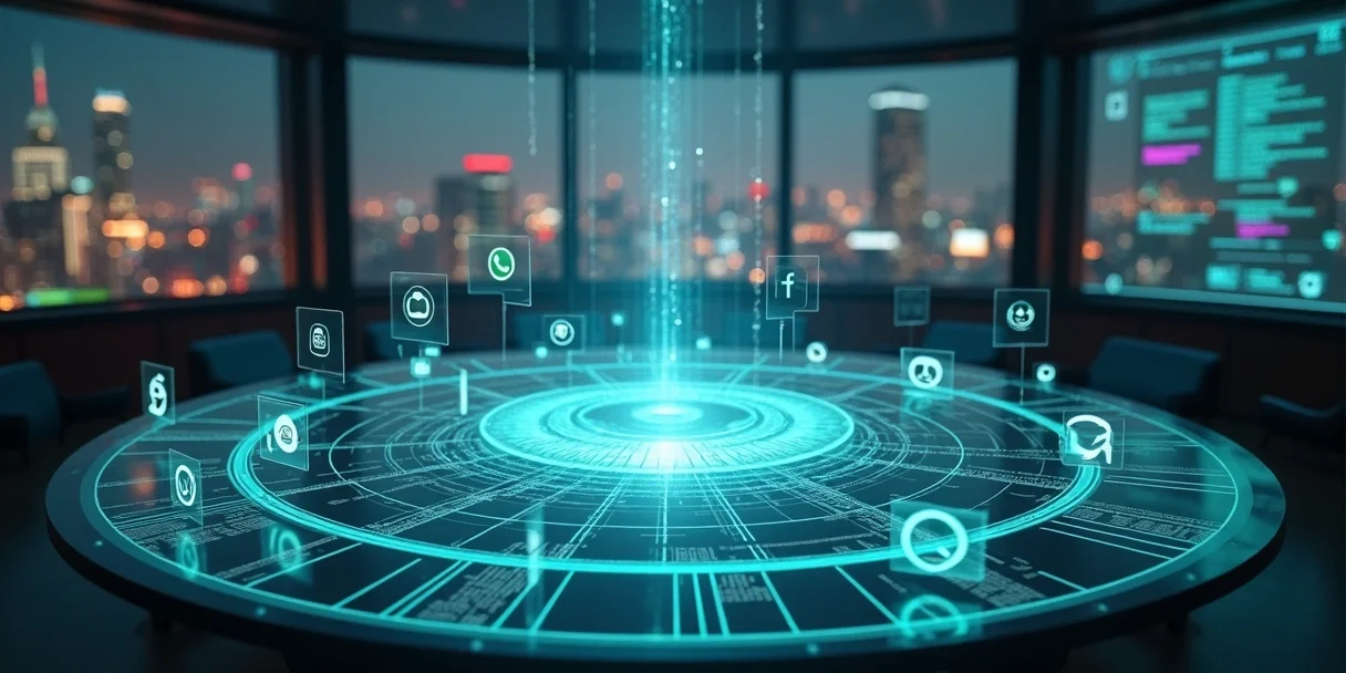 Matriz digital conectando ícones de redes sociais e WhatsApp em painel futurista