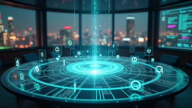 Matriz digital conectando ícones de redes sociais e WhatsApp em painel futurista