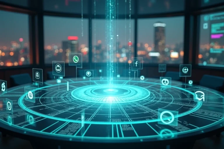 Matriz digital conectando ícones de redes sociais e WhatsApp em painel futurista