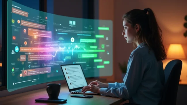Gestora analisando ponte luminosa de mensagens entre Instagram e WhatsApp em painel holográfico