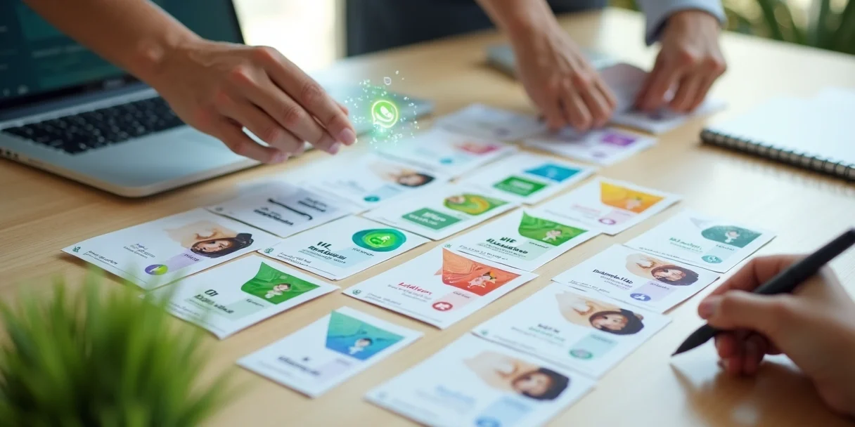 segmentacao-clientes-etiquetas-whatsapp-137.webp Mesa de escritório com mãos organizando cartões coloridos de clientes com etiquetas digitais de WhatsApp