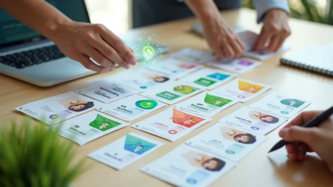 segmentacao-clientes-etiquetas-whatsapp-137.webp Mesa de escritório com mãos organizando cartões coloridos de clientes com etiquetas digitais de WhatsApp