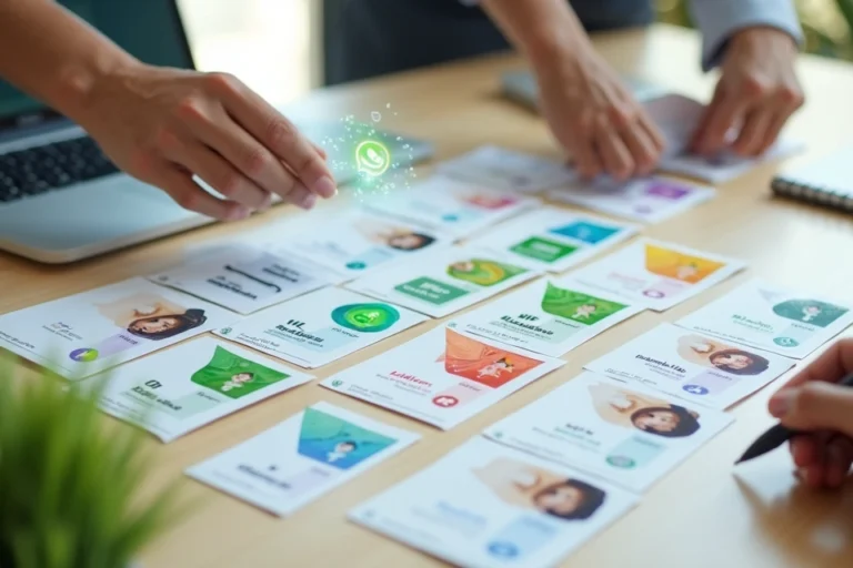 Mesa de escritório com mãos organizando cartões coloridos de clientes com etiquetas digitais de WhatsApp