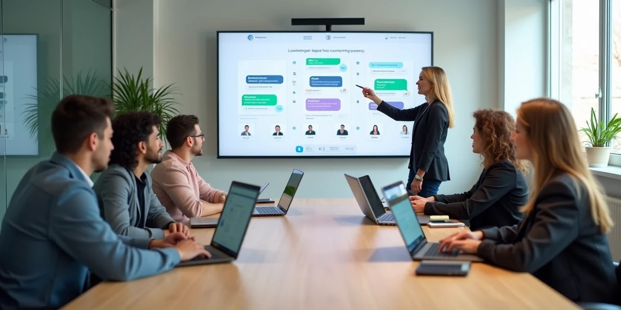 treinamento-agentes-plataforma-atendimento-878.webp Grupo de novos agentes de atendimento aprendendo em frente a painel digital interativo