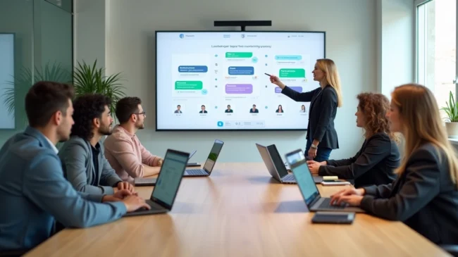 Grupo de novos agentes de atendimento aprendendo em frente a painel digital interativo