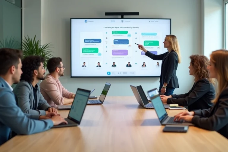 Grupo de novos agentes de atendimento aprendendo em frente a painel digital interativo