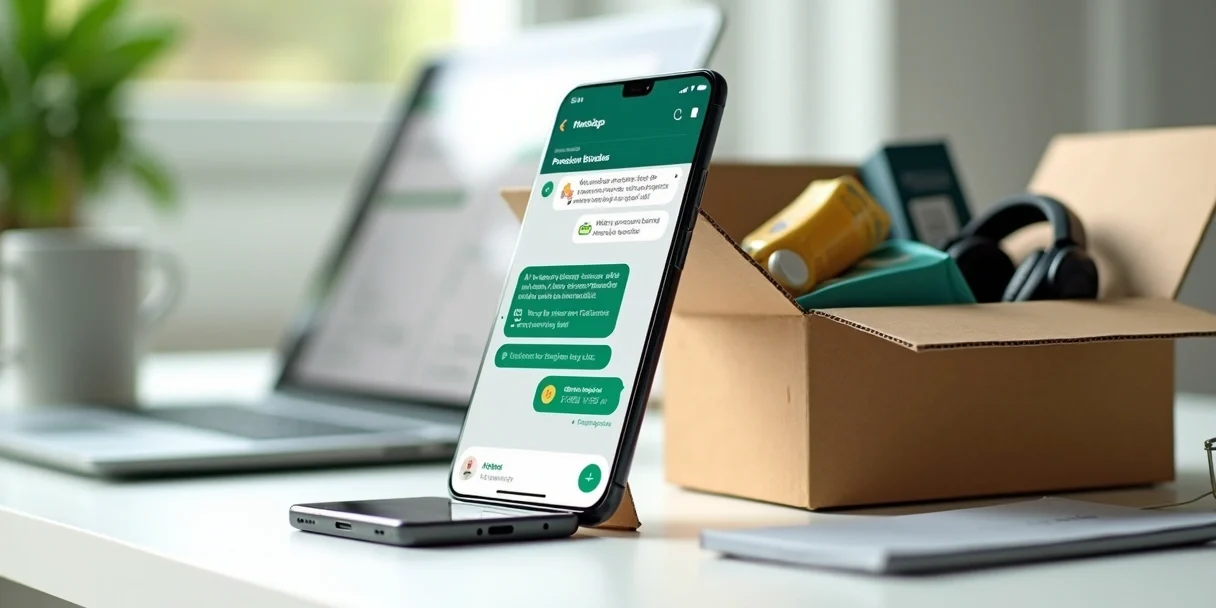 whatsapp-ecommerce-carrinho-compras-110.webp Tela de celular com conversa de vendas ao lado de caixa e produtos de e-commerce