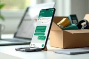 Tela de celular com conversa de vendas ao lado de caixa e produtos de e-commerce