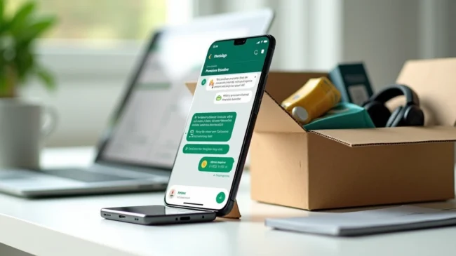 Tela de celular com conversa de vendas ao lado de caixa e produtos de e-commerce