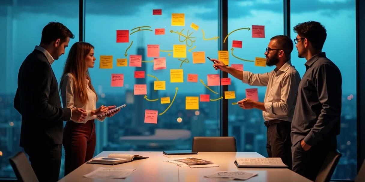 Gestor analisando mural com fluxos de jornada do cliente e trechos de conversas destacadas