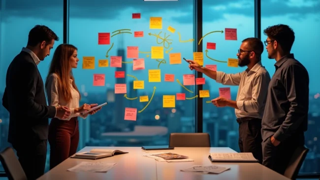 Gestor analisando mural com fluxos de jornada do cliente e trechos de conversas destacadas