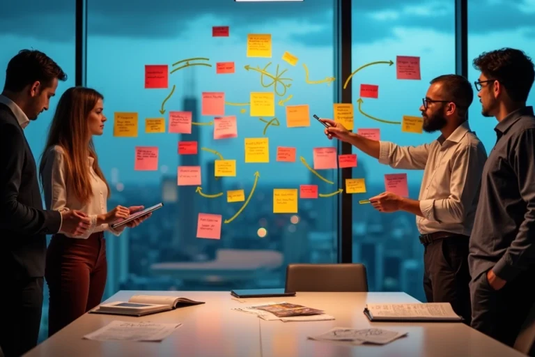 Gestor analisando mural com fluxos de jornada do cliente e trechos de conversas destacadas