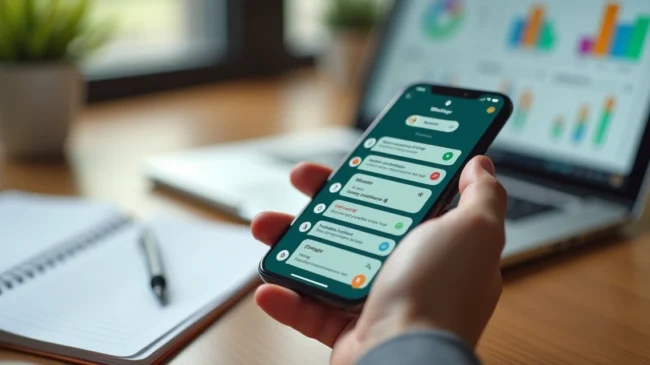 Cliente segurando smartphone respondendo pesquisa de satisfação em um chatbot