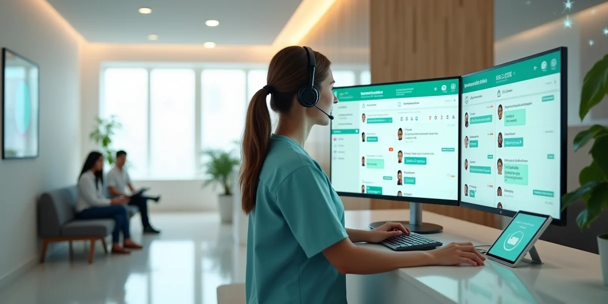 clinica-whatsapp-atendimento-digital-625.webp Recepcionista de clínica médica usando WhatsApp em painel grande de mensagens