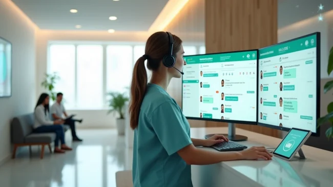 Recepcionista de clínica médica usando WhatsApp em painel grande de mensagens