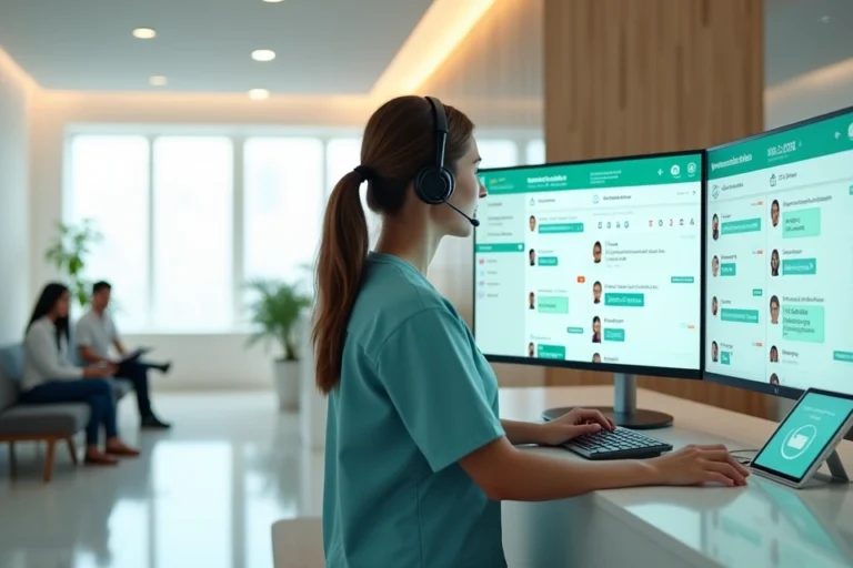 Recepcionista de clínica médica usando WhatsApp em painel grande de mensagens