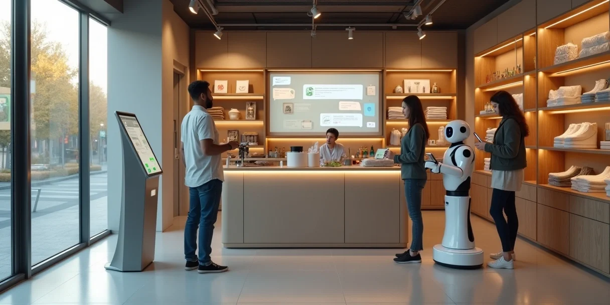 loja-pequena-robos-atendimento-2026-310.webp Loja pequena com robôs de atendimento ajudando clientes em ambiente moderno