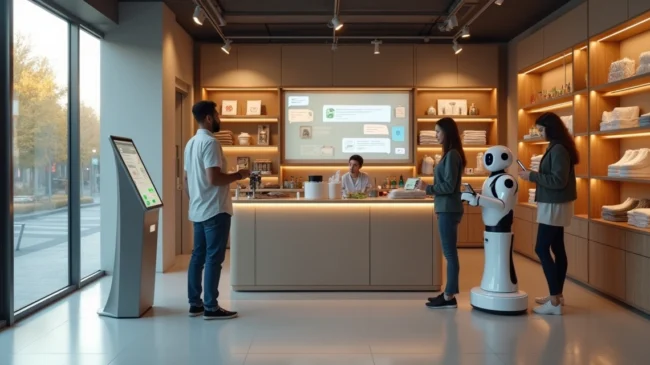 Loja pequena com robôs de atendimento ajudando clientes em ambiente moderno