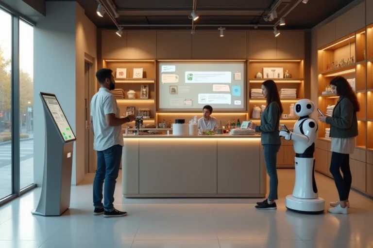 Loja pequena com robôs de atendimento ajudando clientes em ambiente moderno