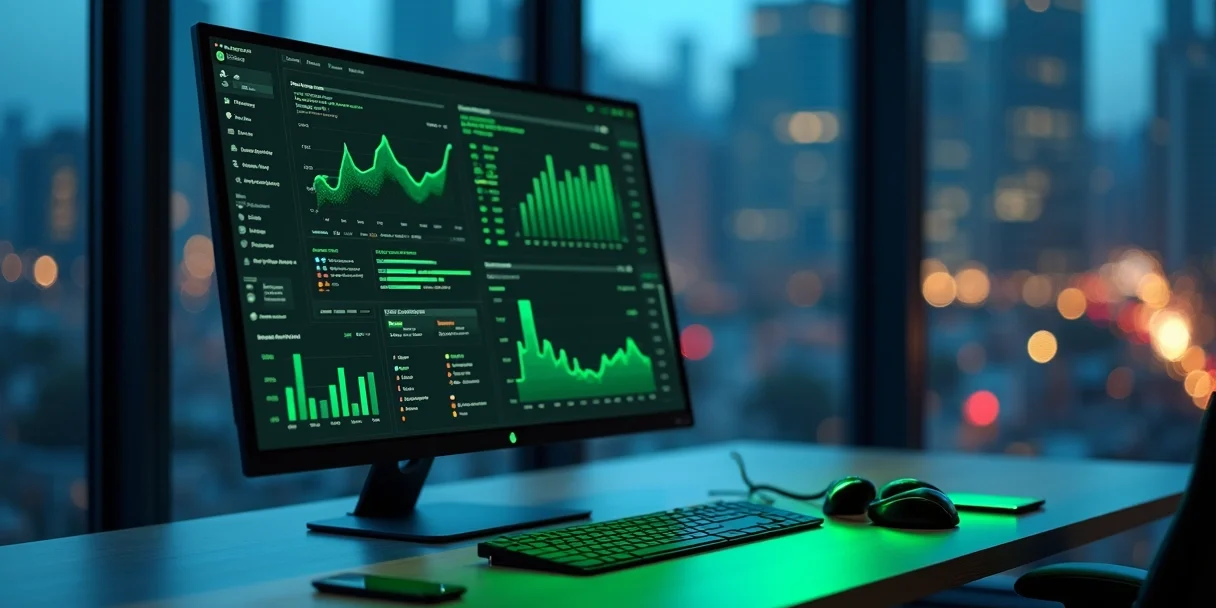 monitoramento-whatsapp-dashboard-65.webp Painel de monitoramento com gráficos ao lado de celular exibindo conversa de WhatsApp