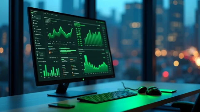 Painel de monitoramento com gráficos ao lado de celular exibindo conversa de WhatsApp